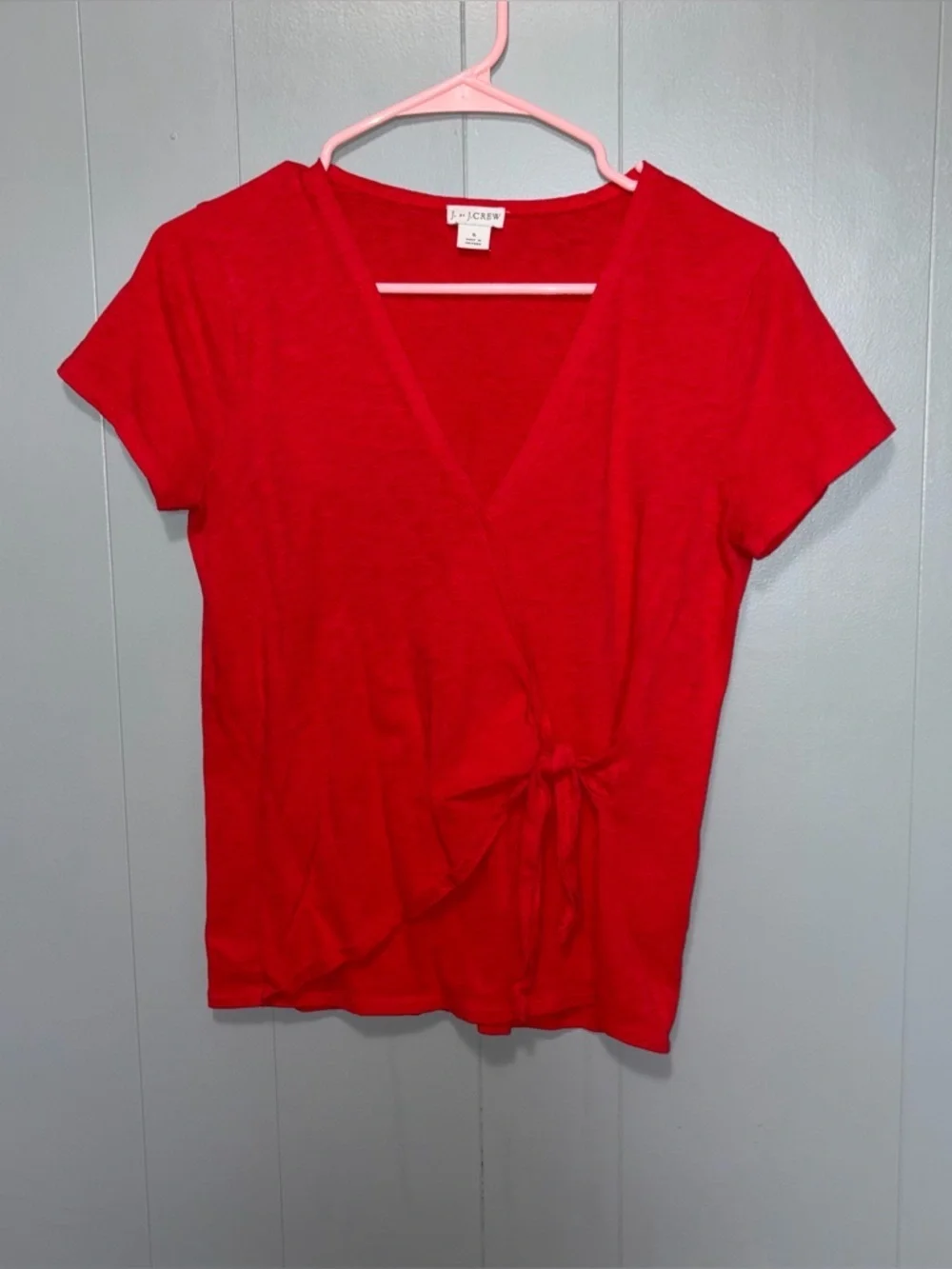 J. Crew Wrap Tie Poppy Red Short Sleeve Cotton V-Neck Blouse Small